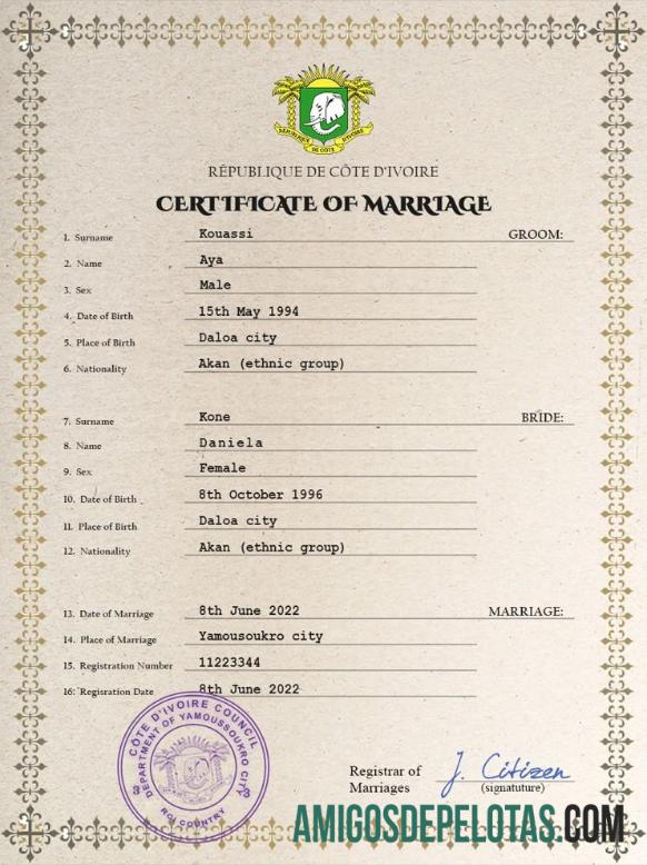 Imprimível modelo PSD de certidão de casamento da Costa do Marfim